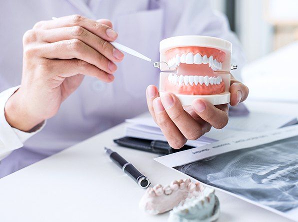 dentist holding mockup teeth